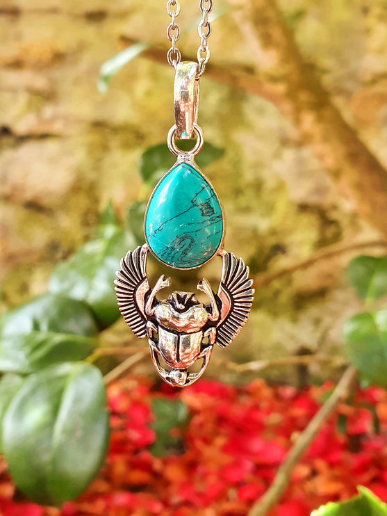 Silver Scarab Necklace / Turquoise / Talisman / Third Eye / Hypoallergenic / Boho / Inca / Ethnic / Illuminati