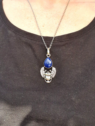 Silver Scarab Necklace / Lapis Lazuli / Talisman / Third Eye / Hypoallergenic / Boho / Inca / Ethnic / Illuminati