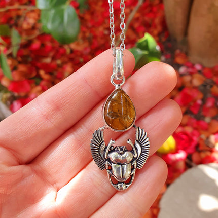 Tiger Eye Silver Necklace Scarab / Talisman / Third Eye / Hypoallergenic / Boho / Inca / Ethnic / Illuminati