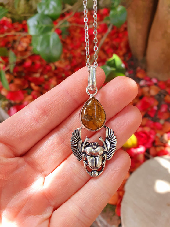 Tiger Eye Silver Necklace Scarab / Talisman / Third Eye / Hypoallergenic / Boho / Inca / Ethnic / Illuminati