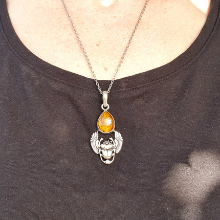 Tiger Eye Silver Necklace Scarab / Talisman / Third Eye / Hypoallergenic / Boho / Inca / Ethnic / Illuminati