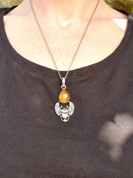 Tiger Eye Silver Necklace Scarab / Talisman / Third Eye / Hypoallergenic / Boho / Inca / Ethnic / Illuminati