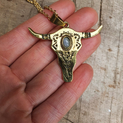 Moonstone Golden Cow Necklace / Talisman / Third Eye / Hypoallergenic / Brass / Boho / Inca / Ethnic / Illuminati