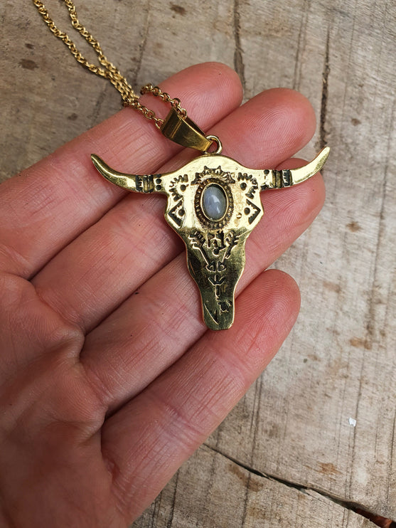 Moonstone Golden Cow Necklace / Talisman / Third Eye / Hypoallergenic / Brass / Boho / Inca / Ethnic / Illuminati