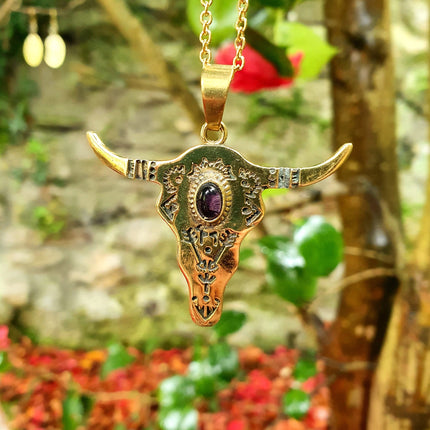 Golden Cow Necklace / Amethyst / Talisman / Native American / Third Eye / Hypoallergenic / Brass / Boho / Inca / Ethnic / Illuminati