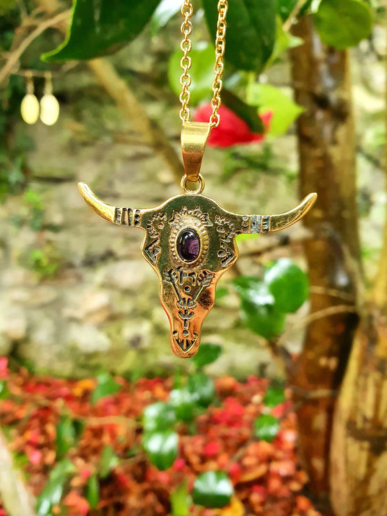 Golden Cow Necklace / Amethyst / Talisman / Native American / Third Eye / Hypoallergenic / Brass / Boho / Inca / Ethnic / Illuminati