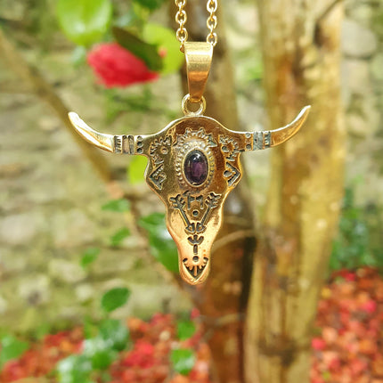 Golden Cow Necklace / Amethyst / Talisman / Native American / Third Eye / Hypoallergenic / Brass / Boho / Inca / Ethnic / Illuminati