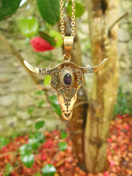 Golden Cow Necklace / Amethyst / Talisman / Native American / Third Eye / Hypoallergenic / Brass / Boho / Inca / Ethnic / Illuminati