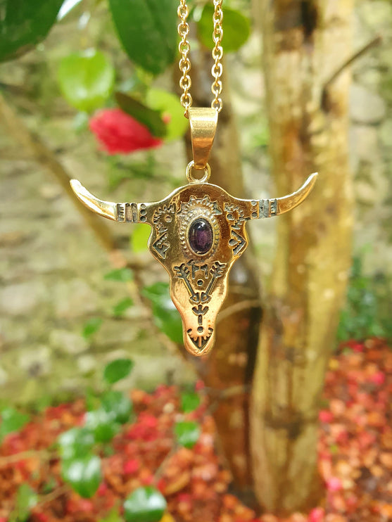 Golden Cow Necklace / Amethyst / Talisman / Native American / Third Eye / Hypoallergenic / Brass / Boho / Inca / Ethnic / Illuminati