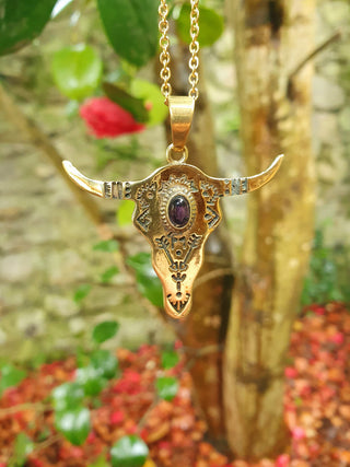 Golden Cow Necklace / Amethyst / Talisman / Native American / Third Eye / Hypoallergenic / Brass / Boho / Inca / Ethnic / Illuminati