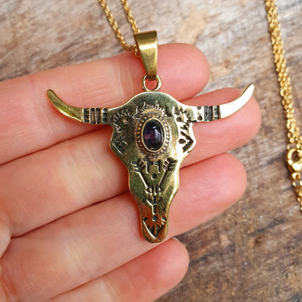 Golden Cow Necklace / Amethyst / Talisman / Native American / Third Eye / Hypoallergenic / Brass / Boho / Inca / Ethnic / Illuminati