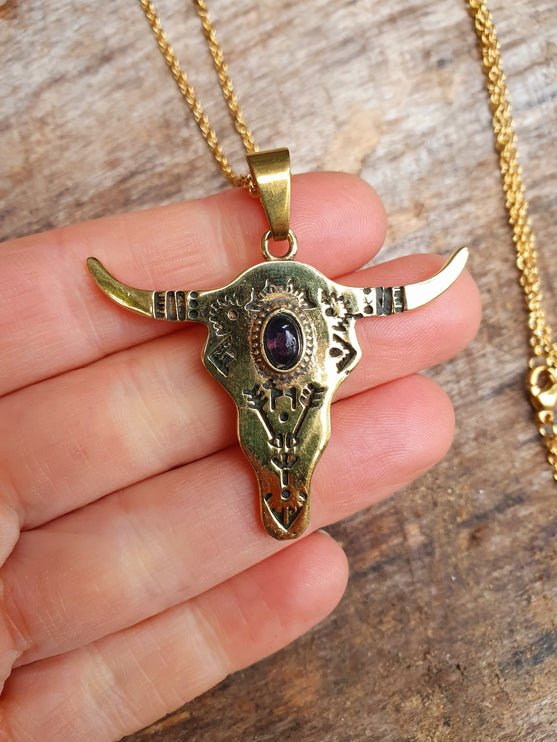 Golden Cow Necklace / Amethyst / Talisman / Native American / Third Eye / Hypoallergenic / Brass / Boho / Inca / Ethnic / Illuminati