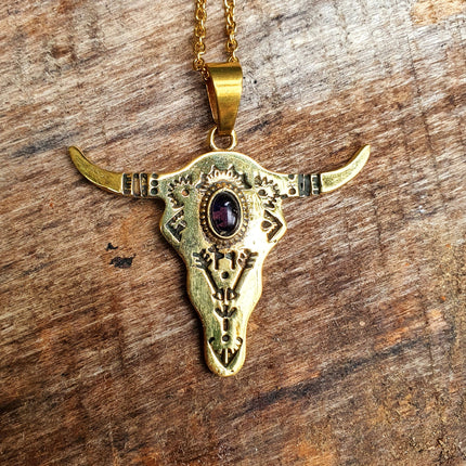 Golden Cow Necklace / Amethyst / Talisman / Native American / Third Eye / Hypoallergenic / Brass / Boho / Inca / Ethnic / Illuminati