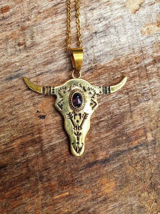 Golden Cow Necklace / Amethyst / Talisman / Native American / Third Eye / Hypoallergenic / Brass / Boho / Inca / Ethnic / Illuminati