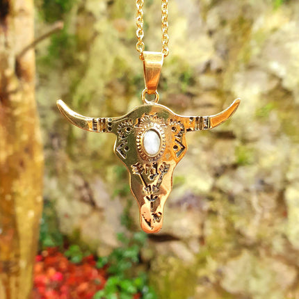 Moonstone Golden Cow Necklace / Talisman / Third Eye / Hypoallergenic / Brass / Boho / Inca / Ethnic / Illuminati