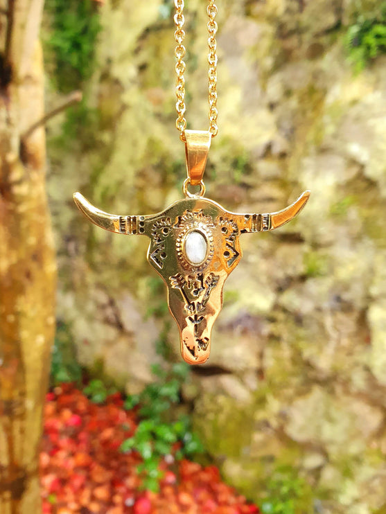 Moonstone Golden Cow Necklace / Talisman / Third Eye / Hypoallergenic / Brass / Boho / Inca / Ethnic / Illuminati