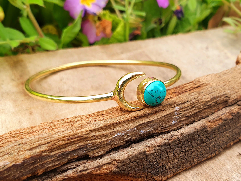 Gold Moon Bracelet / Turquoise / Brass / Bangle / Galaxy / Solar System / Planets / Boho / Adjustable / Hippie / Chic / Sun