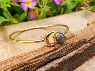 Labradorite Gold Moon Bracelet / Brass / Bangle / Galaxy / Solar System / Planets / Boho / Adjustable / Hippie / Chic / Sun 