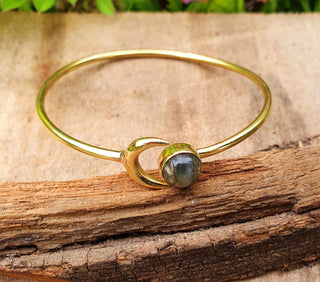 Labradorite Gold Moon Bracelet / Brass / Bangle / Galaxy / Solar System / Planets / Boho / Adjustable / Hippie / Chic / Sun 
