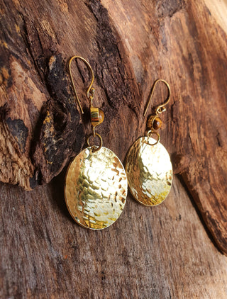 Tiger Eye Contemporary Hammered Brass Dangle earrings Ethnic, rustic, yoga, hippie, gypsy, pretty, psy, bohemian, festival