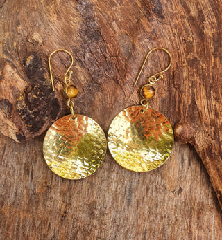 Tiger Eye Contemporary Hammered Brass Dangle earrings Ethnic, rustic, yoga, hippie, gypsy, pretty, psy, bohemian, festival