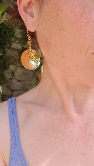 Tiger Eye Contemporary Hammered Brass Dangle earrings Ethnic, rustic, yoga, hippie, gypsy, pretty, psy, bohemian, festival