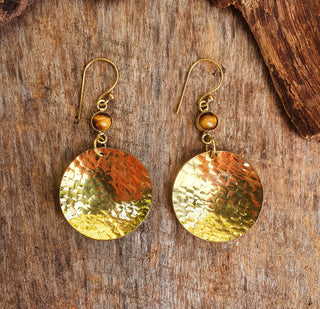 Tiger Eye Contemporary Hammered Brass Dangle earrings Ethnic, rustic, yoga, hippie, gypsy, pretty, psy, bohemian, festival