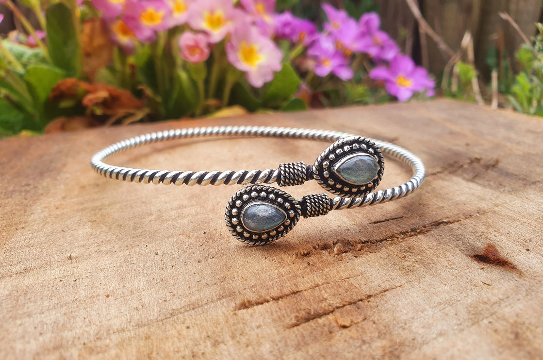 Silver Arm Bracelet Labradorite / Tribal / Spiral / Boho / Bangle/ Ethnic / Rustic / Bohemian / Hippie / Gypsy / Psy / Adjustable