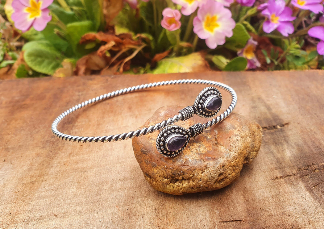 Silver Arm Bracelet Amethyst / Tribal / Spiral / Boho / Bangle/ Ethnic / Rustic / Bohemian / Hippie / Gypsy / Psy / Adjustable