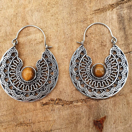 Tiger Eye & Silver Hoop Earrings Ethnic, rustic, yoga, hippie, gypsy, pretty, psy, boho, bohemian, festival
