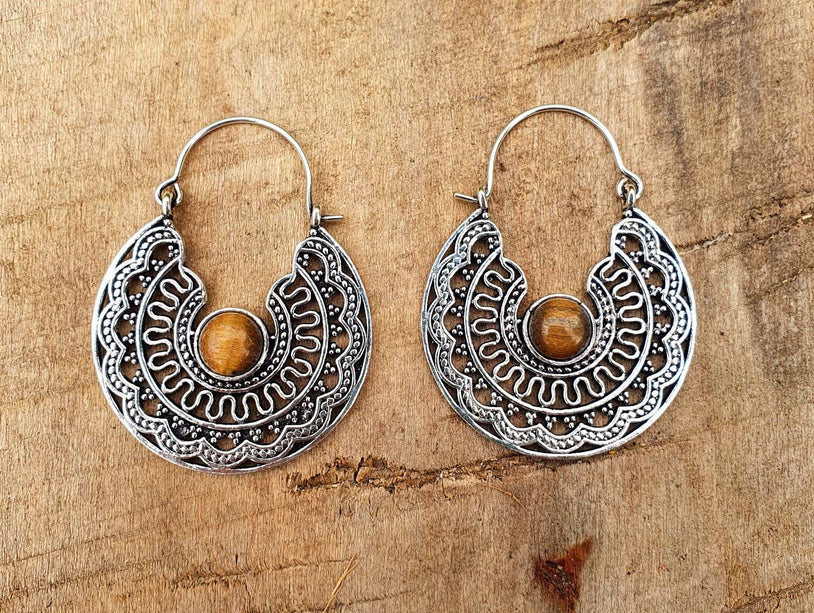Tiger Eye & Silver Hoop Earrings Ethnic, rustic, yoga, hippie, gypsy, pretty, psy, boho, bohemian, festival