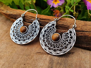 Tiger Eye & Silver Hoop Earrings Ethnic, rustic, yoga, hippie, gypsy, pretty, psy, boho, bohemian, festival