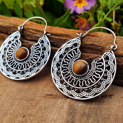 Tiger Eye & Silver Hoop Earrings Ethnic, rustic, yoga, hippie, gypsy, pretty, psy, boho, bohemian, festival
