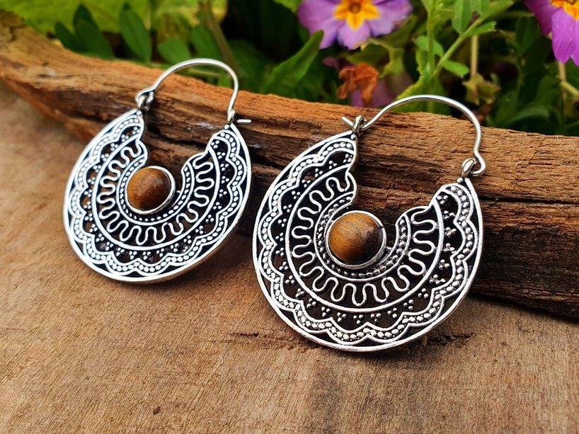Tiger Eye & Silver Hoop Earrings Ethnic, rustic, yoga, hippie, gypsy, pretty, psy, boho, bohemian, festival