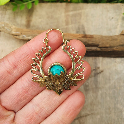 Golden Lotus Flower Turquoise Earrings rustic, yoga, hippie, gypsy, pretty, psy, boho, bohemian, festival