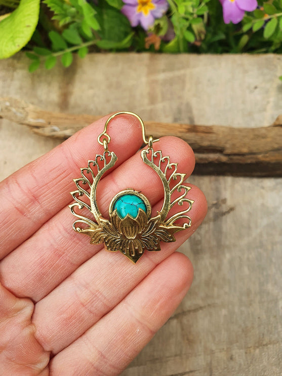 Golden Lotus Flower Turquoise Earrings rustic, yoga, hippie, gypsy, pretty, psy, boho, bohemian, festival