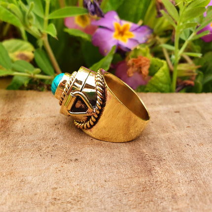 Gold Poison Ring / Brass & Turquoise / Alchemy / Locket Ring / Boho / Bohemian / Rustic / Tribal / Gypsy / Festival / Healing / Festival