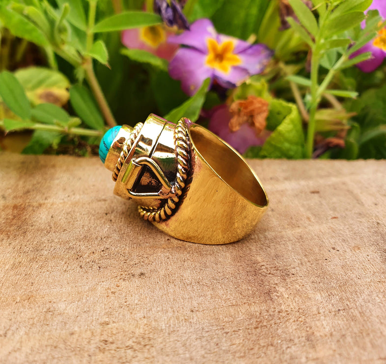 Gold Poison Ring / Brass & Turquoise / Alchemy / Locket Ring / Boho / Bohemian / Rustic / Tribal / Gypsy / Festival / Healing / Festival