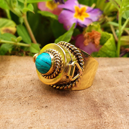 Gold Poison Ring / Brass & Turquoise / Alchemy / Locket Ring / Boho / Bohemian / Rustic / Tribal / Gypsy / Festival / Healing / Festival