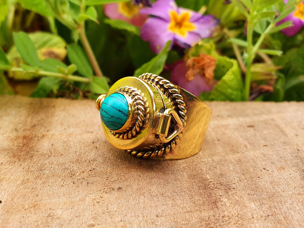 Gold Poison Ring / Brass & Turquoise / Alchemy / Locket Ring / Boho / Bohemian / Rustic / Tribal / Gypsy / Festival / Healing / Festival