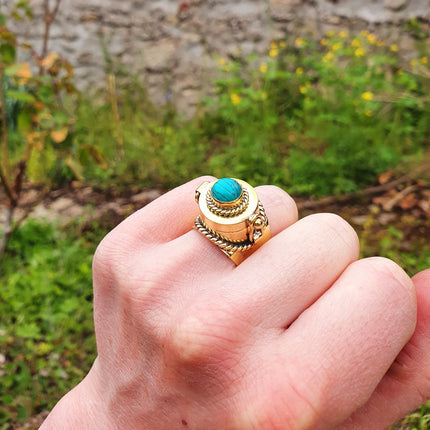 Gold Poison Ring / Brass & Turquoise / Alchemy / Locket Ring / Boho / Bohemian / Rustic / Tribal / Gypsy / Festival / Healing / Festival