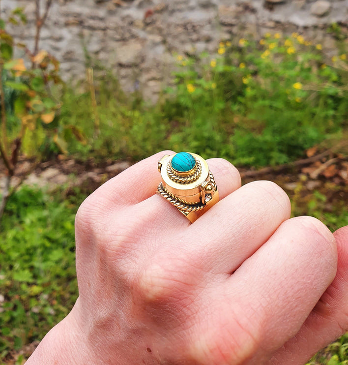 Gold Poison Ring / Brass & Turquoise / Alchemy / Locket Ring / Boho / Bohemian / Rustic / Tribal / Gypsy / Festival / Healing / Festival