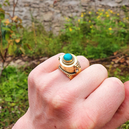 Gold Poison Ring / Brass & Turquoise / Alchemy / Locket Ring / Boho / Bohemian / Rustic / Tribal / Gypsy / Festival / Healing / Festival