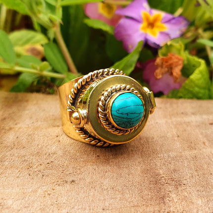 Gold Poison Ring / Brass & Turquoise / Alchemy / Locket Ring / Boho / Bohemian / Rustic / Tribal / Gypsy / Festival / Healing / Festival