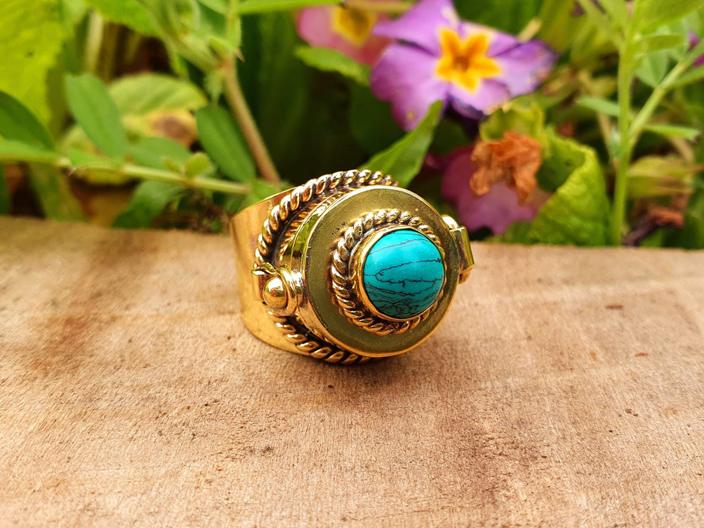 Gold Poison Ring / Brass & Turquoise / Alchemy / Locket Ring / Boho / Bohemian / Rustic / Tribal / Gypsy / Festival / Healing / Festival