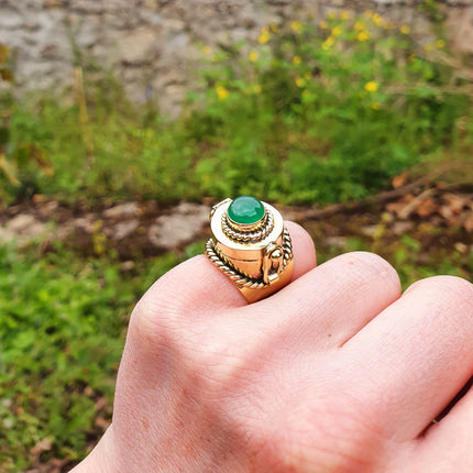 Gold Poison Ring / Brass & Green Onyx / Alchemy / Locket Ring / Boho / Bohemian / Rustic / Tribal / Gypsy / Festival / Healing / Festival