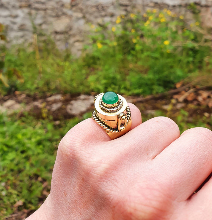 Gold Poison Ring / Brass & Green Onyx / Alchemy / Locket Ring / Boho / Bohemian / Rustic / Tribal / Gypsy / Festival / Healing / Festival