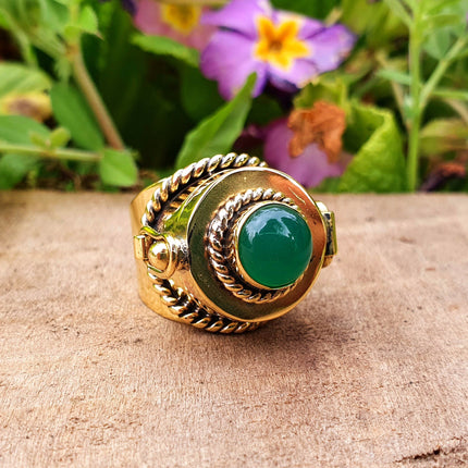 Gold Poison Ring / Brass & Green Onyx / Alchemy / Locket Ring / Boho / Bohemian / Rustic / Tribal / Gypsy / Festival / Healing / Festival