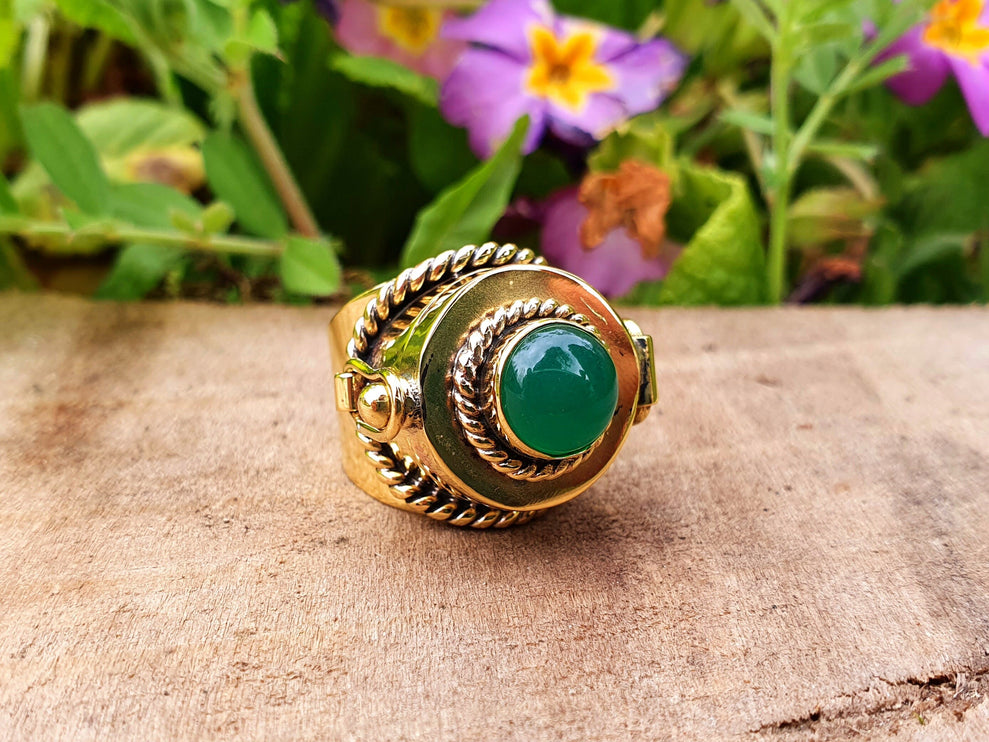 Gold Poison Ring / Brass & Green Onyx / Alchemy / Locket Ring / Boho / Bohemian / Rustic / Tribal / Gypsy / Festival / Healing / Festival