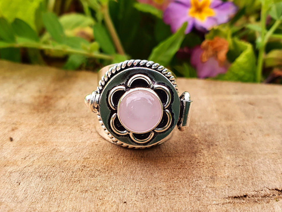 Silver Poison Ring / Rose Quartz / Alchemy / Locket Ring / Boho / Bohemian / Rustic / Tribal / Gypsy / Festival / Healing / Festival